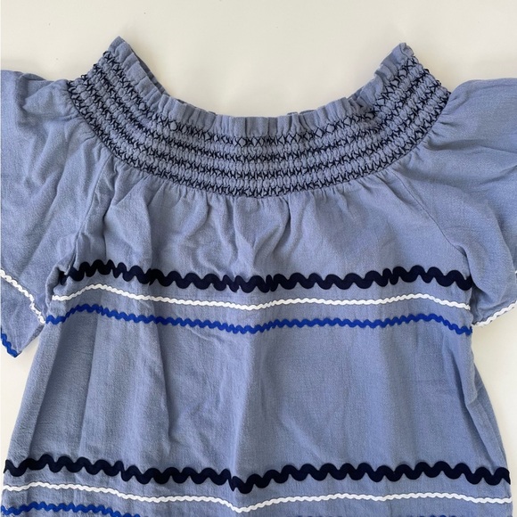Mudpie Preppy Blue Finnigan Dress Stonewash Off Shoulder RickRack Dress Medium - Picture 4 of 9